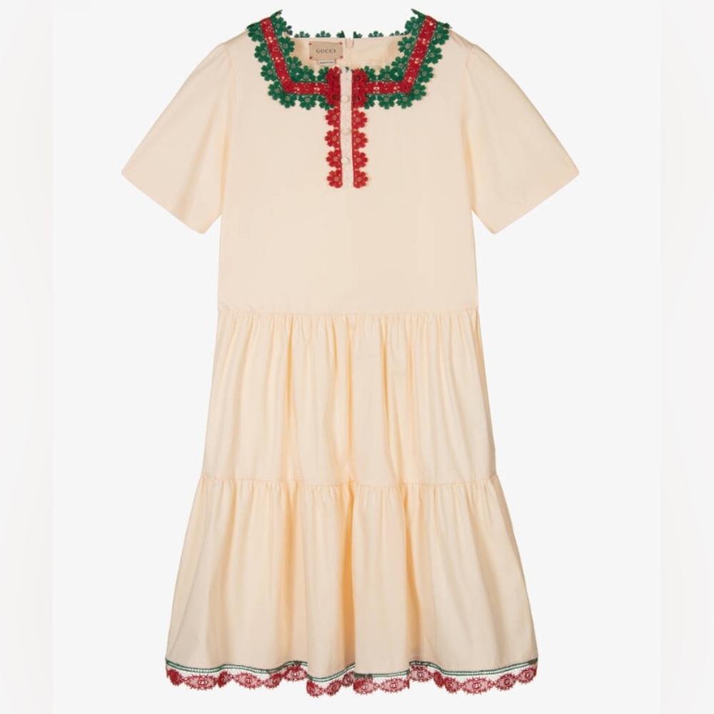 AUTH GIRLS’ GUCCI S/S GIRLS’ IVORY COTTON TIERED DRESS - SZ 5Y
